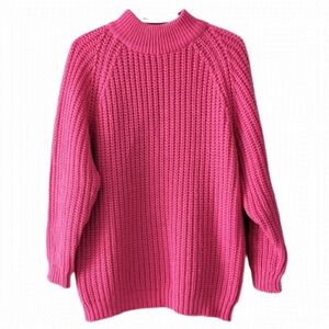 PINK fuchsia barbie core cable Knit mock neck Sweater Large